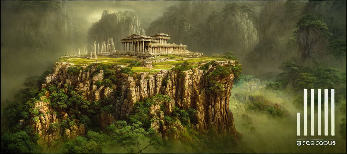 Ancient Greek temple on cliff with lush greenery and misty mountains in Greece