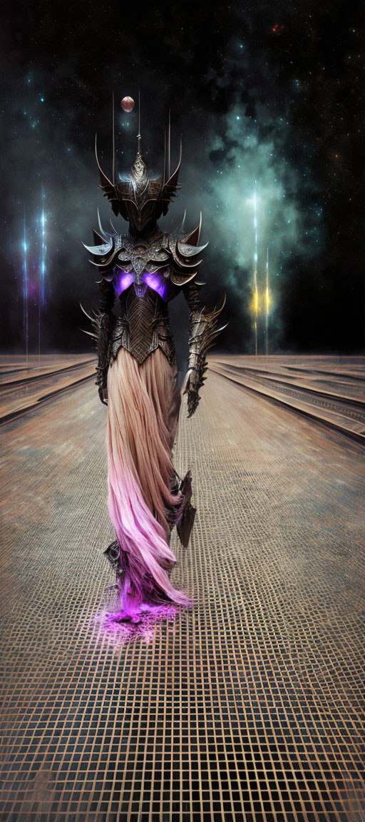 Ornate black armor figure on metallic floor with cosmic backdrop