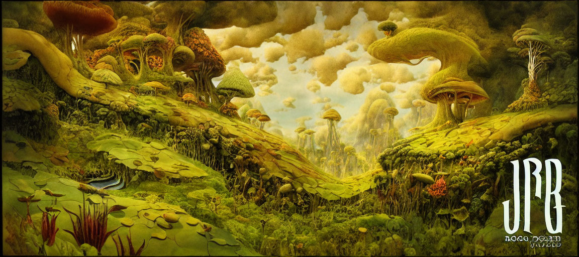 Surreal landscape with giant mushrooms, lush greenery, waterfall