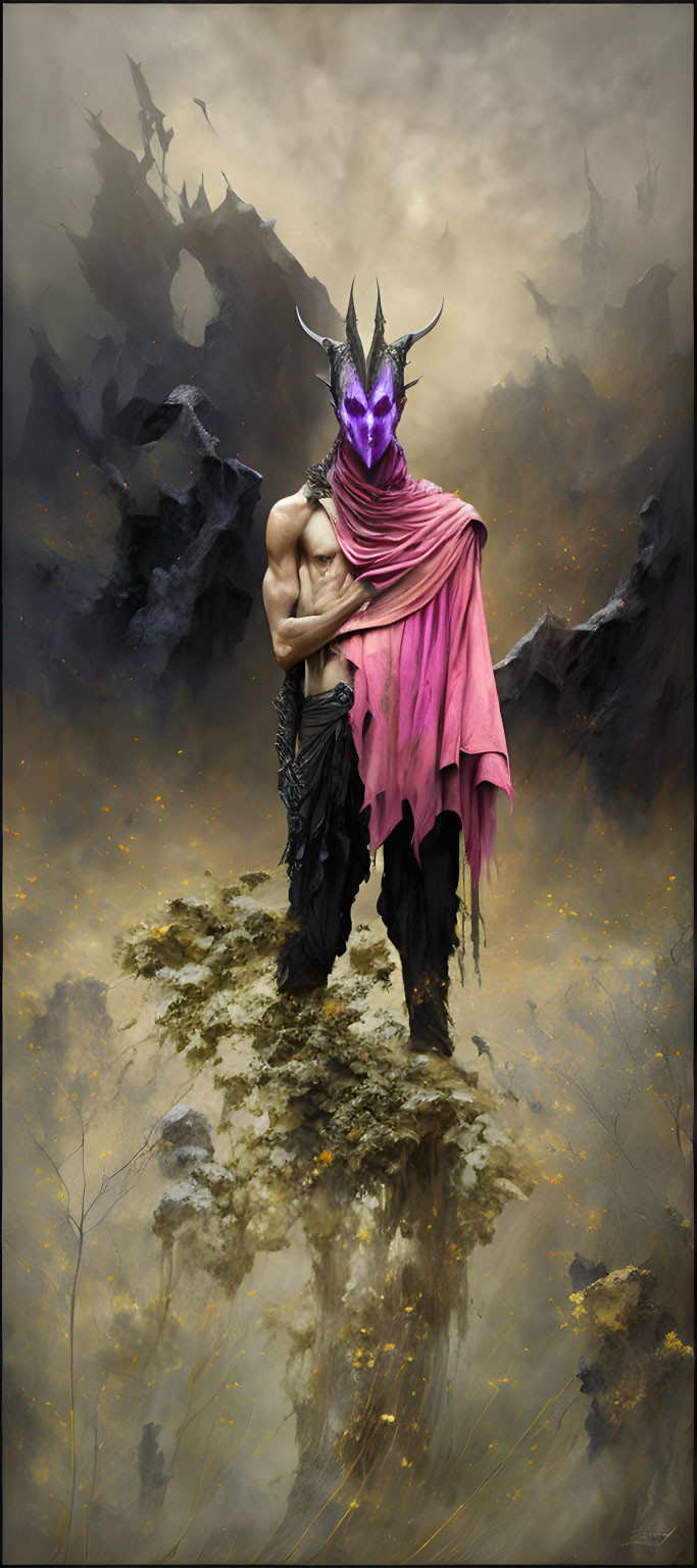 Shirtless mythical figure with purple dragon mask and pink cape on misty gold ground