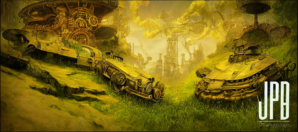 Derelict vehicles and industrial structures in dystopian landscape