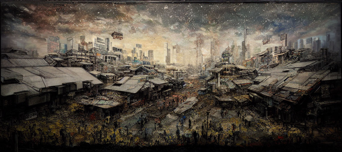 Densely packed marketplace with traditional and modern buildings under cosmic sky