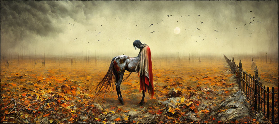 Red-clothed horse in autumnal landscape with fence under cloudy sky