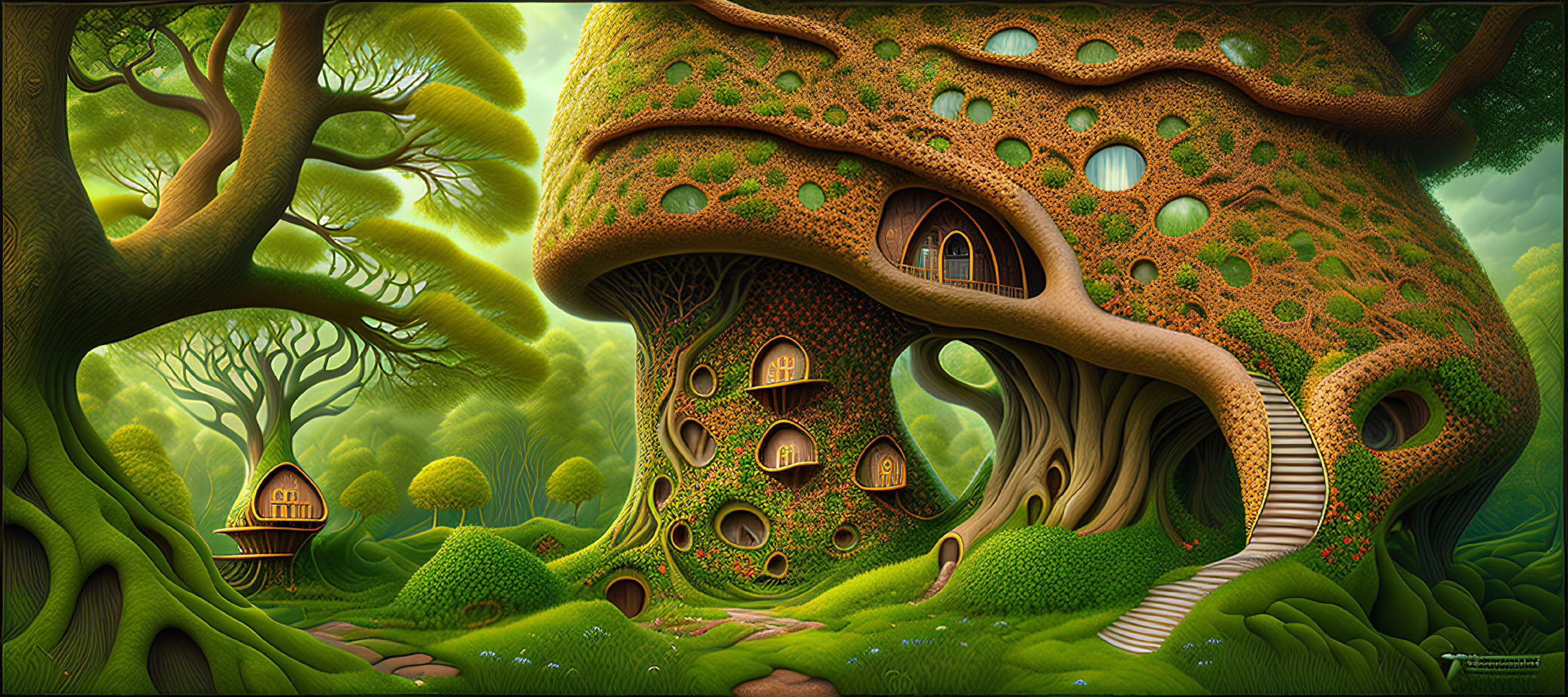 Fantastical green landscape with mushroom houses and vibrant trees