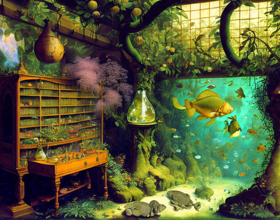 Underwater-themed room with bookshelf, floating fish, greenery, rustic furniture, and flask-shaped