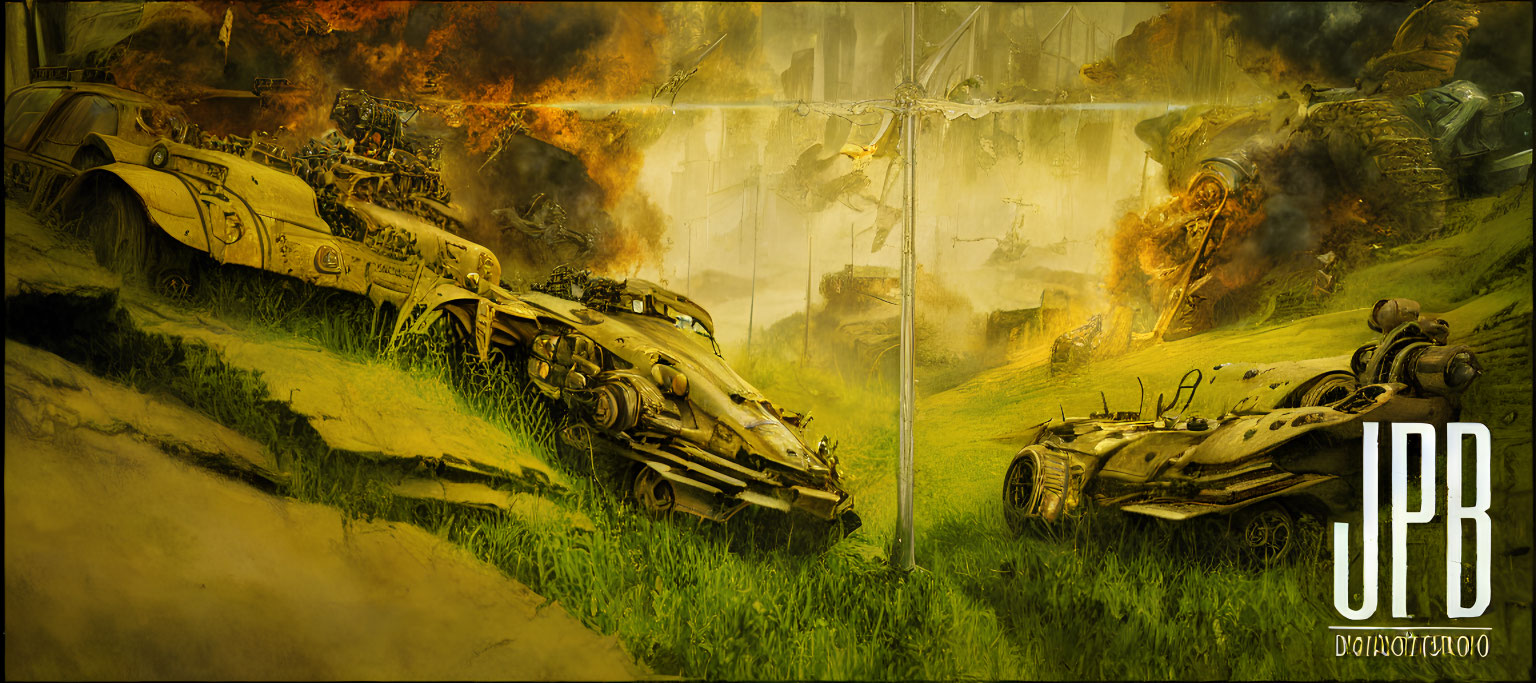 Futuristic Battle-Damaged Vehicles in Dystopian Landscape