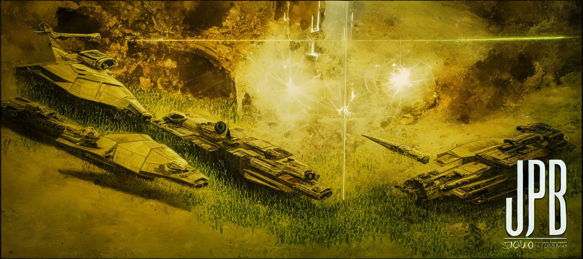 Digital artwork: Three battle tanks firing lasers in war ruins, gritty yellow-toned scene with signature.