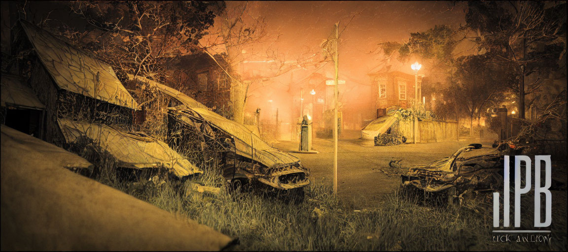 Desolate post-apocalyptic landscape with rusted cars, eerie sky, and decaying buildings.