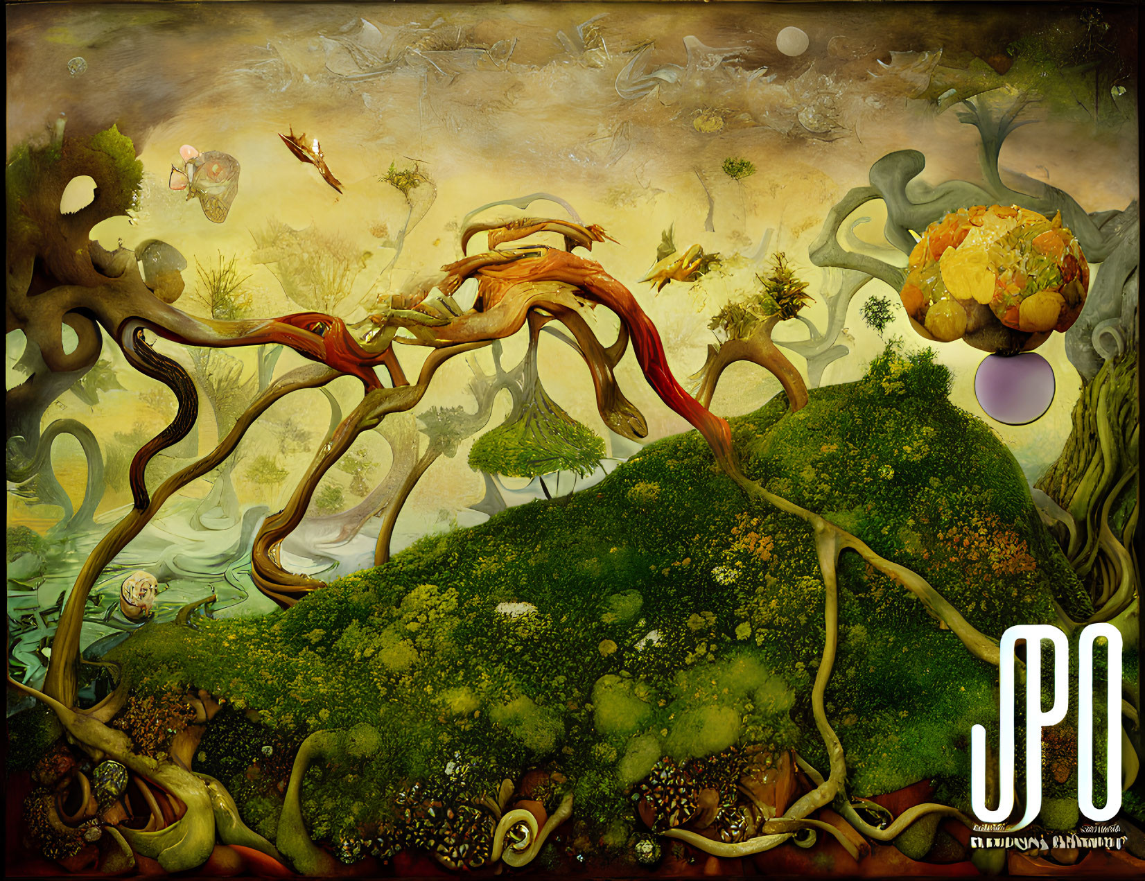 Surreal landscape with twisted trees and floating islands