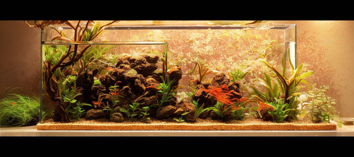 Diverse aquatic plants and wood decorations in vibrant aquarium