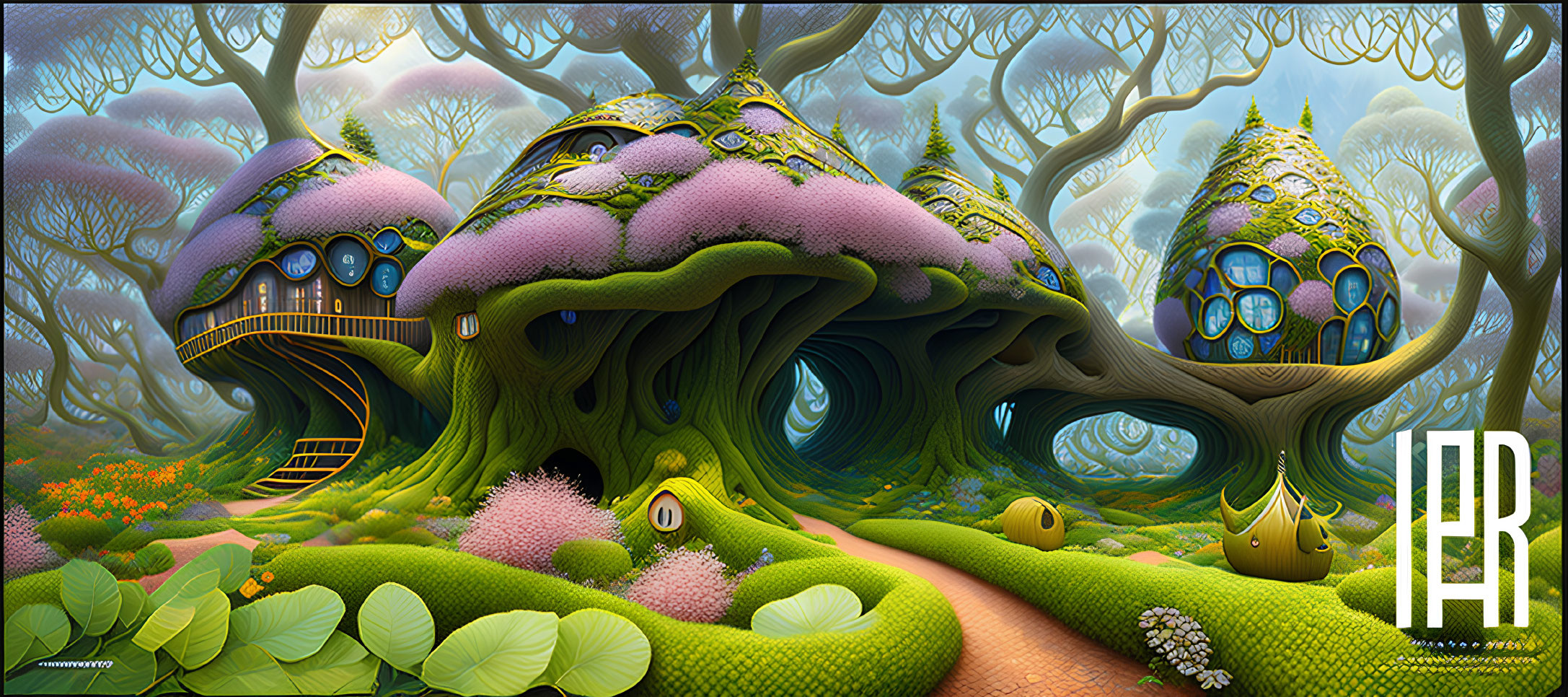 Whimsical forest scene with mushroom-shaped houses and vibrant flora