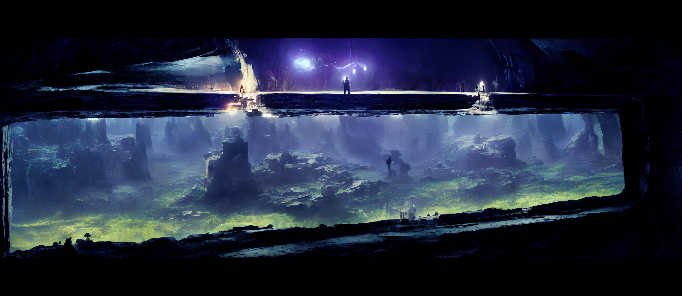 Subterranean landscape with luminescent flora, towering rocks, reflective water, and figures near glowing