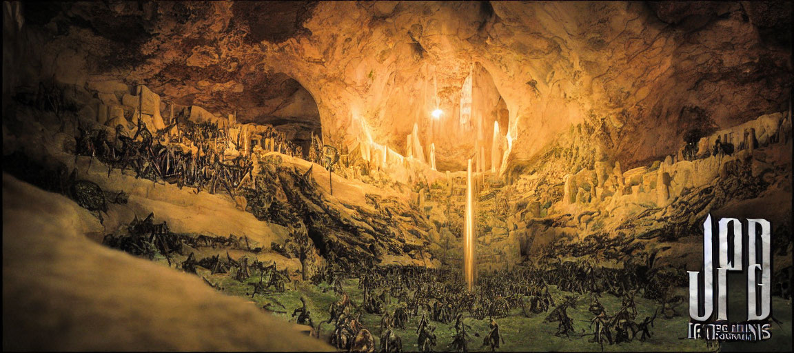 Spacious cavern with stalactites, stalagmites, central light, and numerous figures