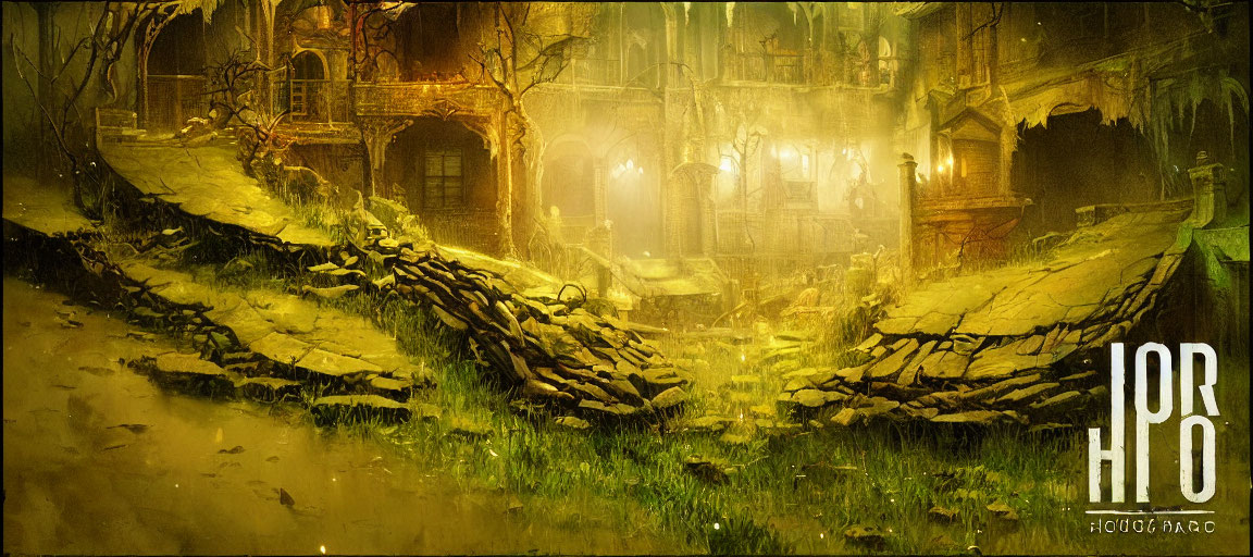 Mystical, dilapidated city in golden light with overgrown foliage