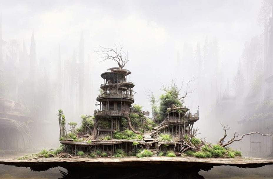 Overgrown ancient structure in misty forest with exposed roots