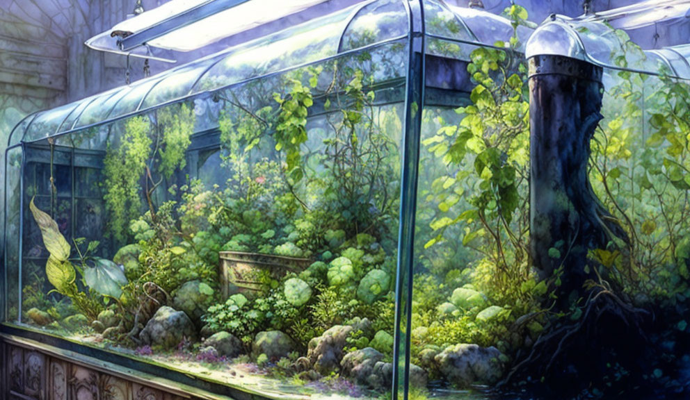 Overgrown greenhouse with lush foliage and dappled sunlight