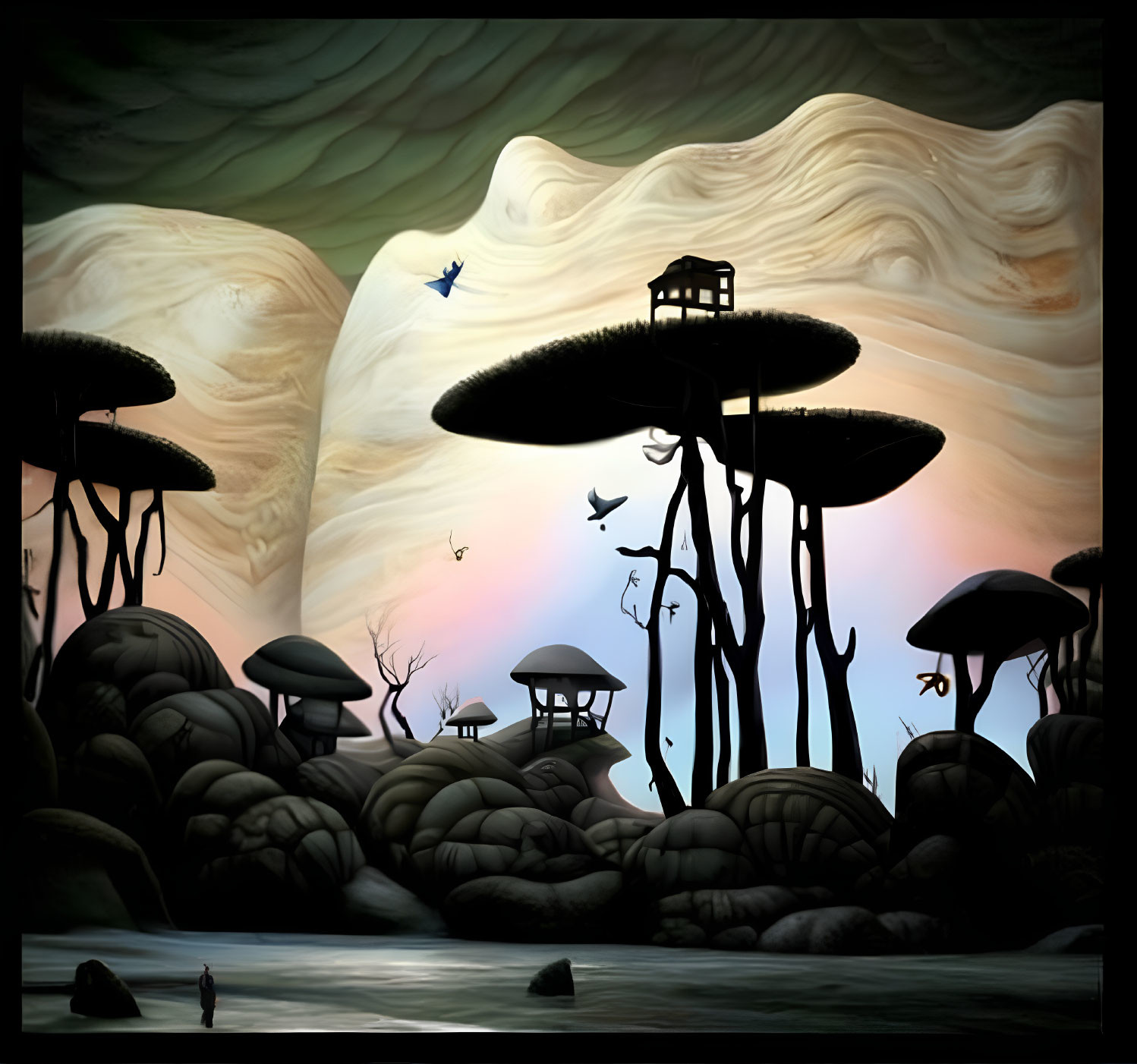 Fantastical landscape with oversized mushrooms, calm lake, person, birds, gazebo, twilight sky