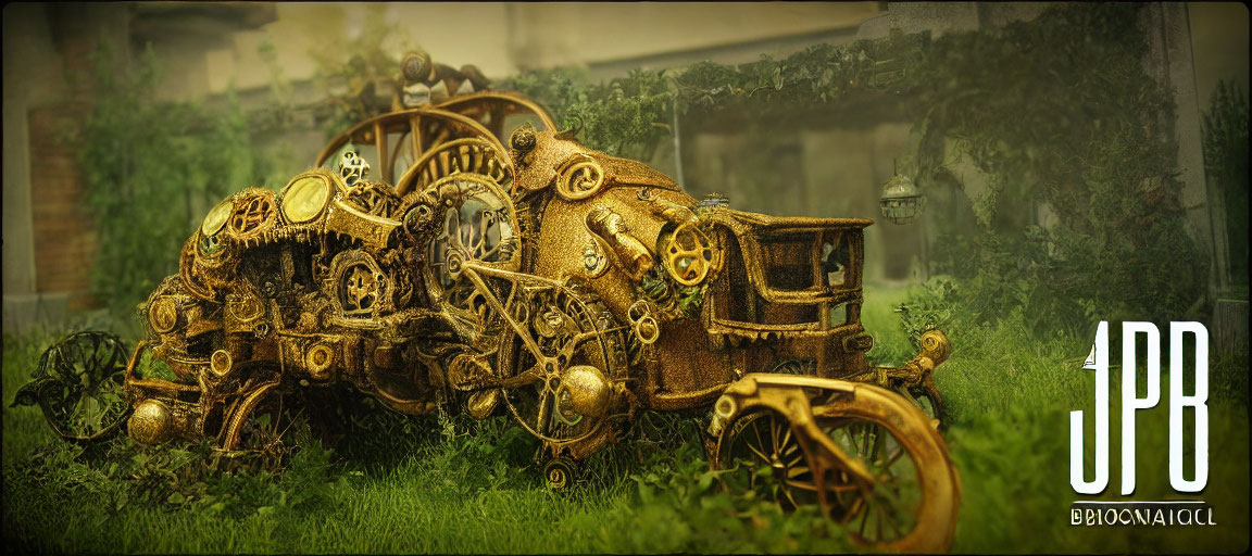 Steampunk-themed motorcycle with intricate gears on blurred green background