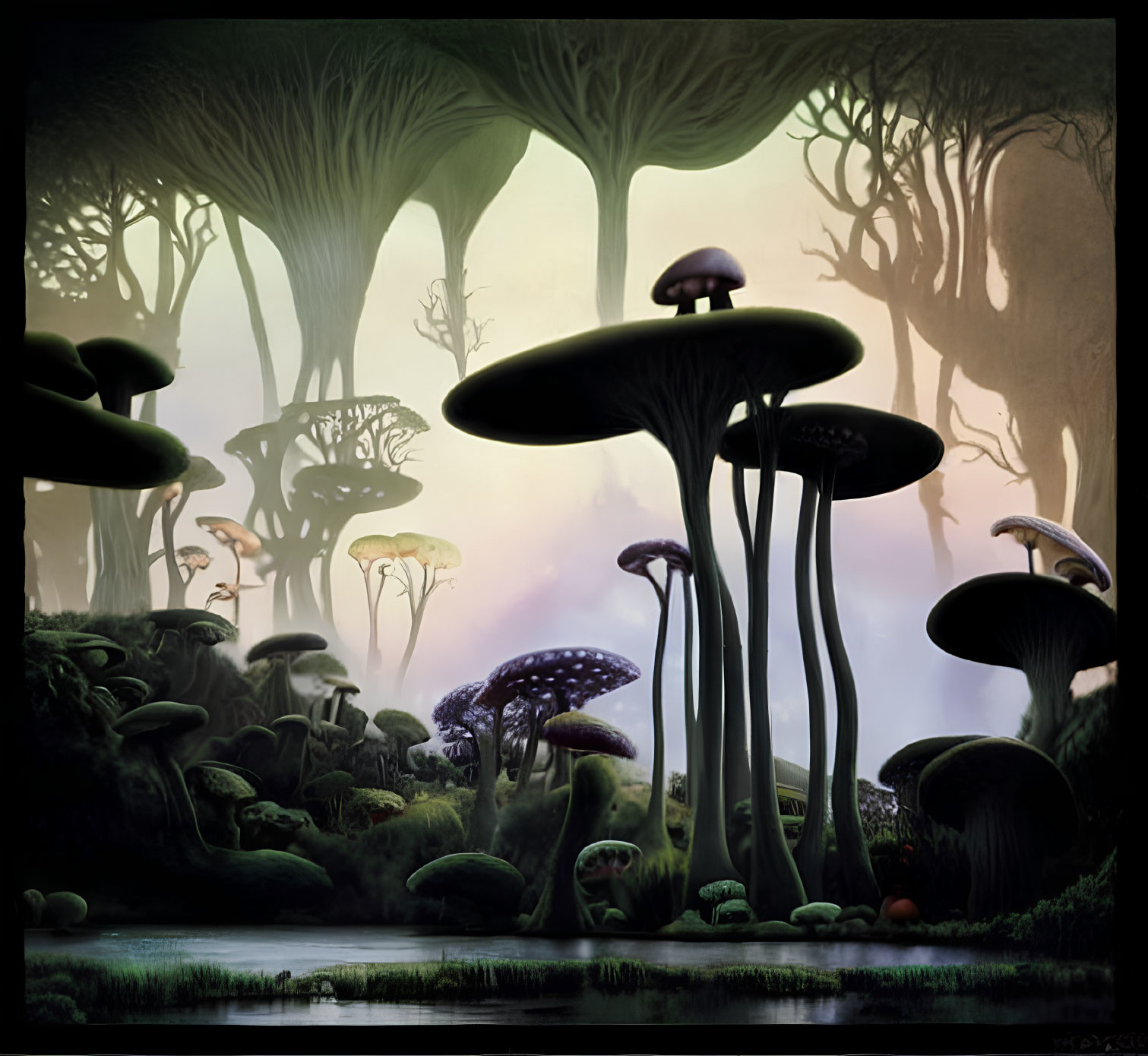 Mystical forest scene: oversized mushroom-like trees in misty twilight