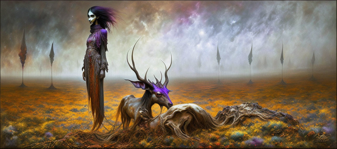 Surreal landscape with mystical female figure and horned creature