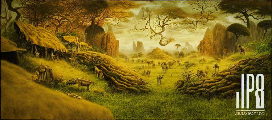 Prehistoric landscape with grazing herd animals and rocky outcrops