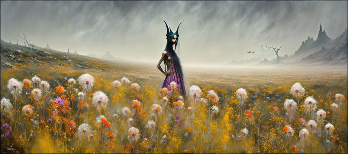 Horned figure in colorful wildflower field with foggy landscape