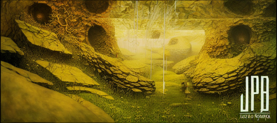 Fantastical landscape with cloaked character and mysterious golden structure