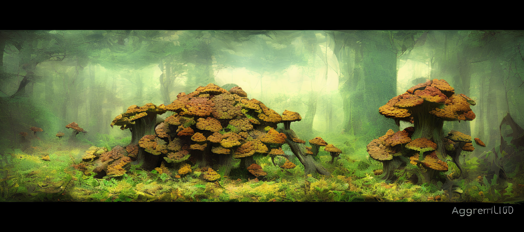 Enchanting forest with oversized mushrooms and mystical green ambiance