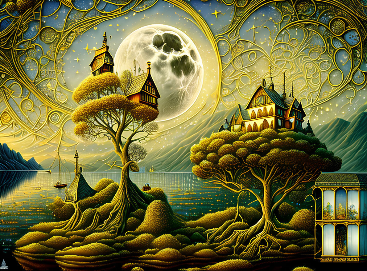 Fantasy scene with ornate treehouses under a full moon and starry sky in an art nouveau