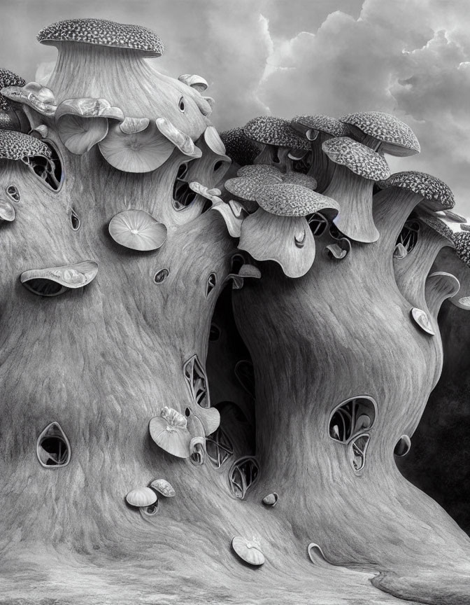 Monochrome surreal image: tree-like forms with mushroom caps and eyes under cloudy sky