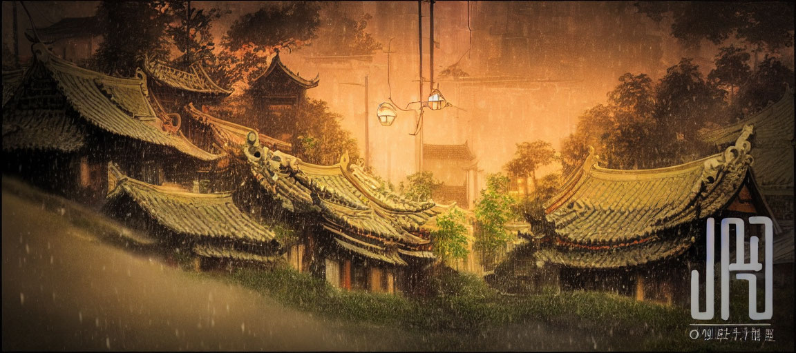 Traditional East Asian village in rain with ornate rooftops and glowing lantern.