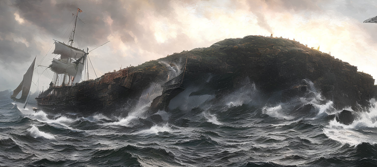 Sailing ship in turbulent waves near rugged island with people on cliff edge