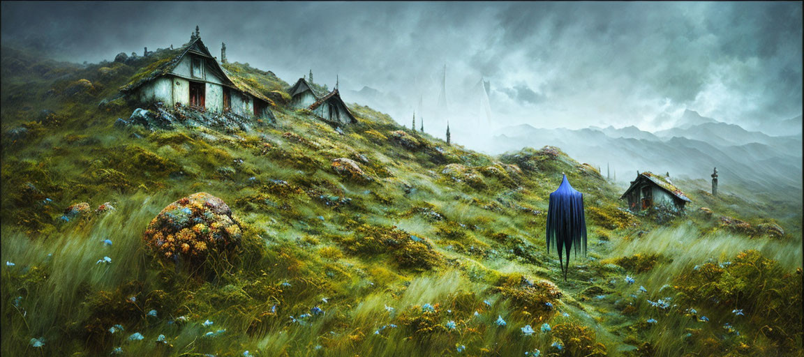 Solitary Figure in Blue Cloak in Surreal Landscape