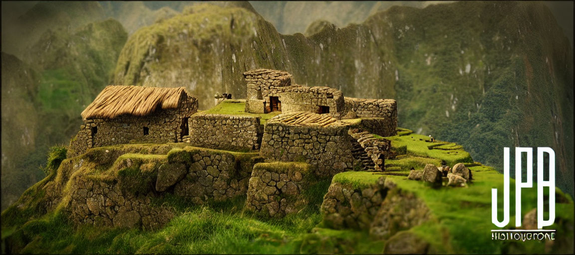 Ancient stone ruins with thatched roofs in green hills and mountain backdrop.