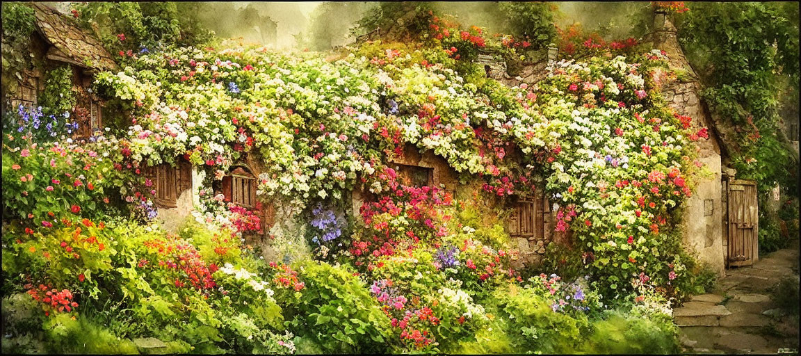 Charming cottage surrounded by colorful flowers and lush greenery