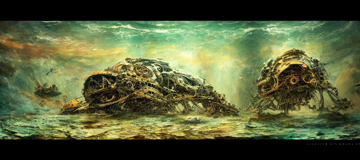 Digital artwork: Decaying mechanical insect structures in futuristic seascape