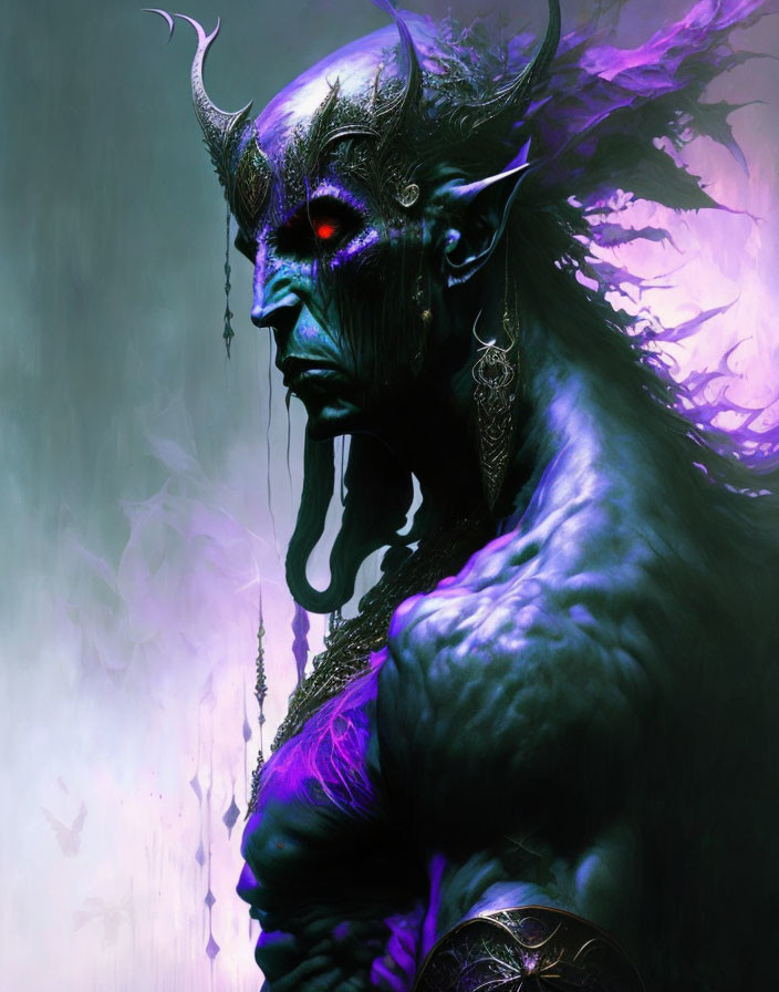 Blue-skinned demonic figure with red eyes and horns in purple aura