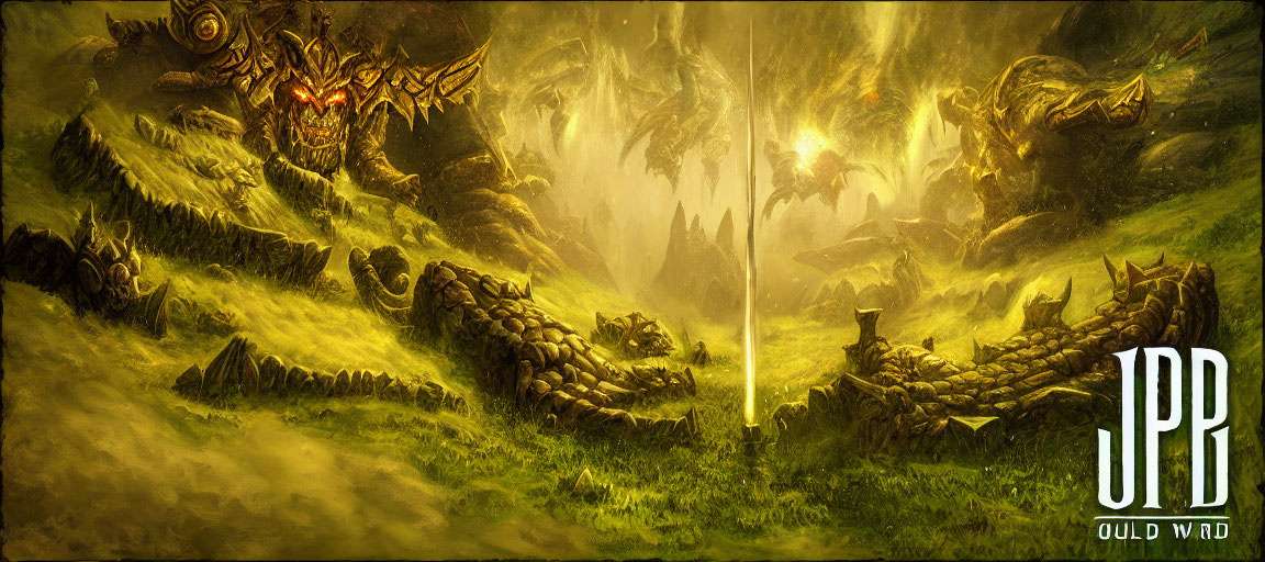 Fantasy landscape with dragons, warriors, dramatic lighting, earthy colors