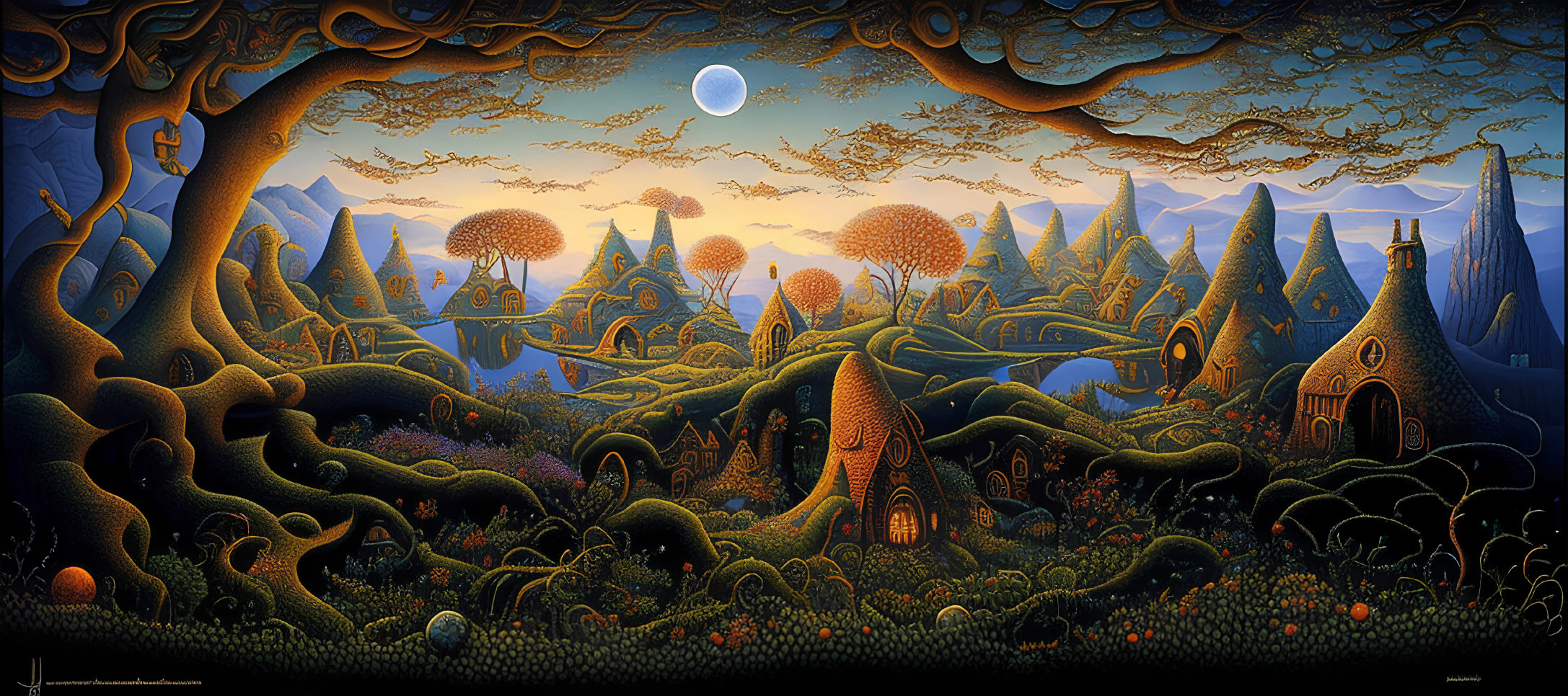 Whimsical landscape with magical trees under starry sky