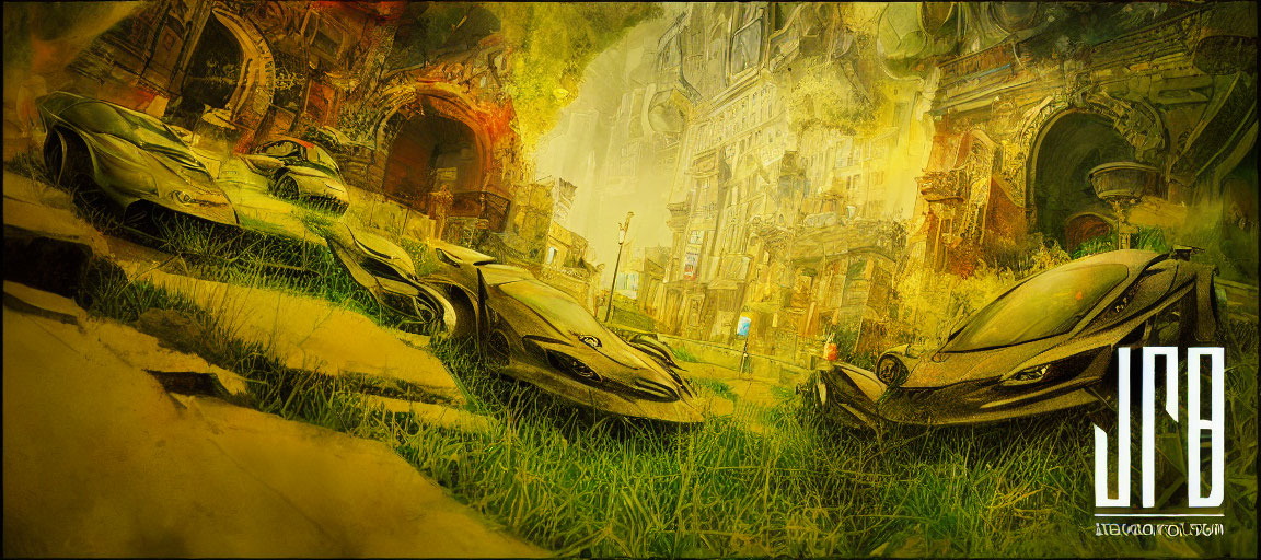 Futuristic cars in dystopian city with overgrown grass and classical architecture.