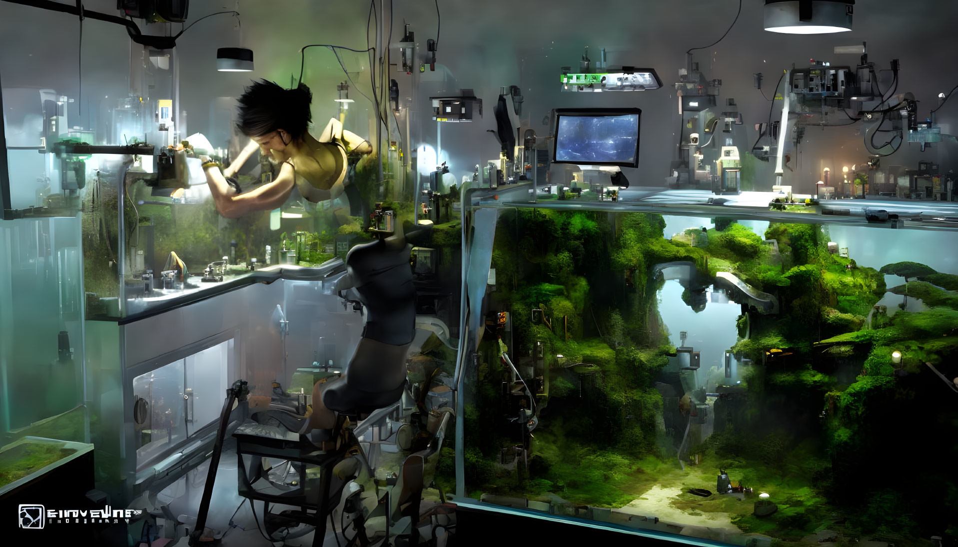 Futuristic laboratory with terrariums, figure working on device, and scientific instruments in green glow