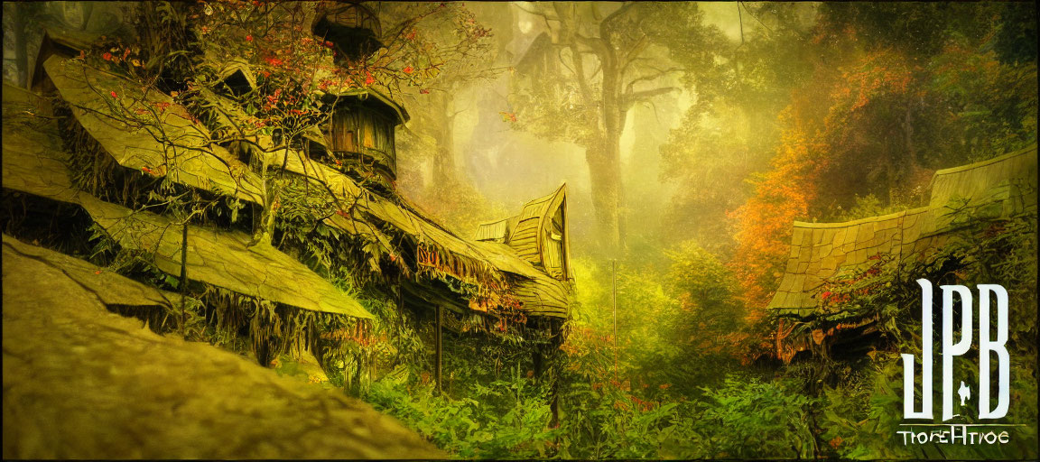 Ethereal forest scene with abandoned wooden house, mist, autumn trees