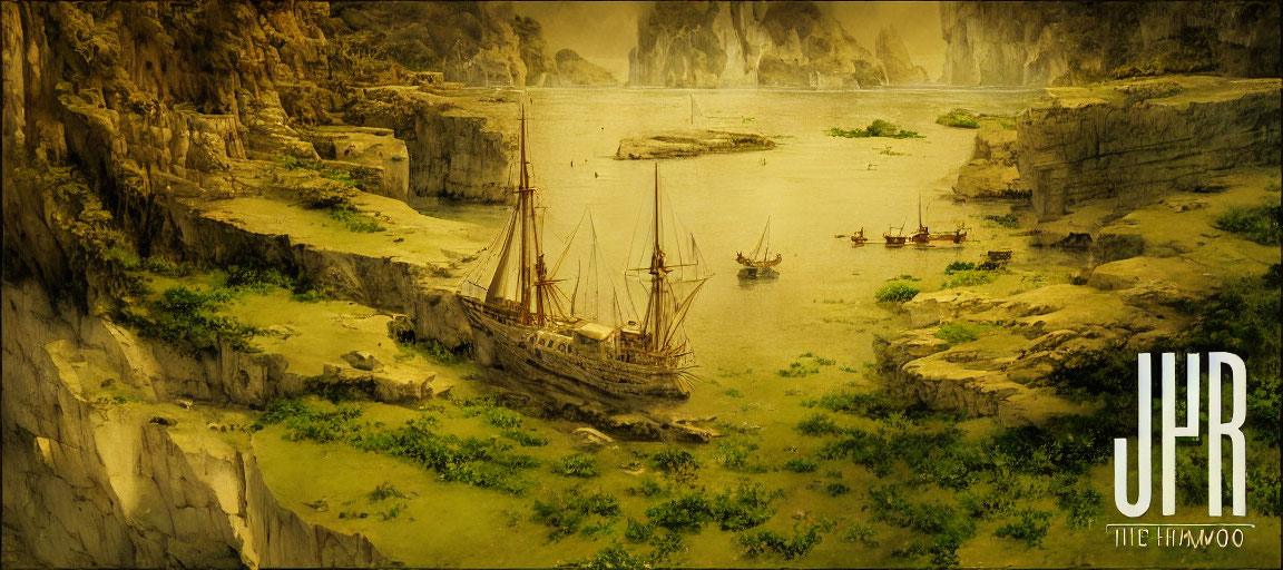 Tranquil river with cliffs, boats, and sailboat in misty golden light