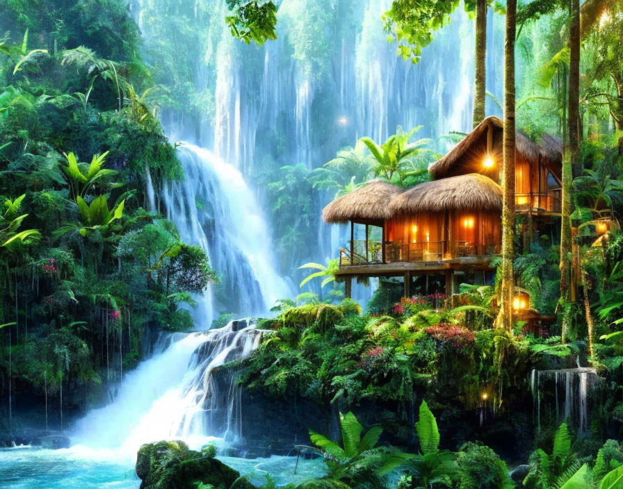 Tranquil Tropical Waterfall with Thatched-Roof Bungalow