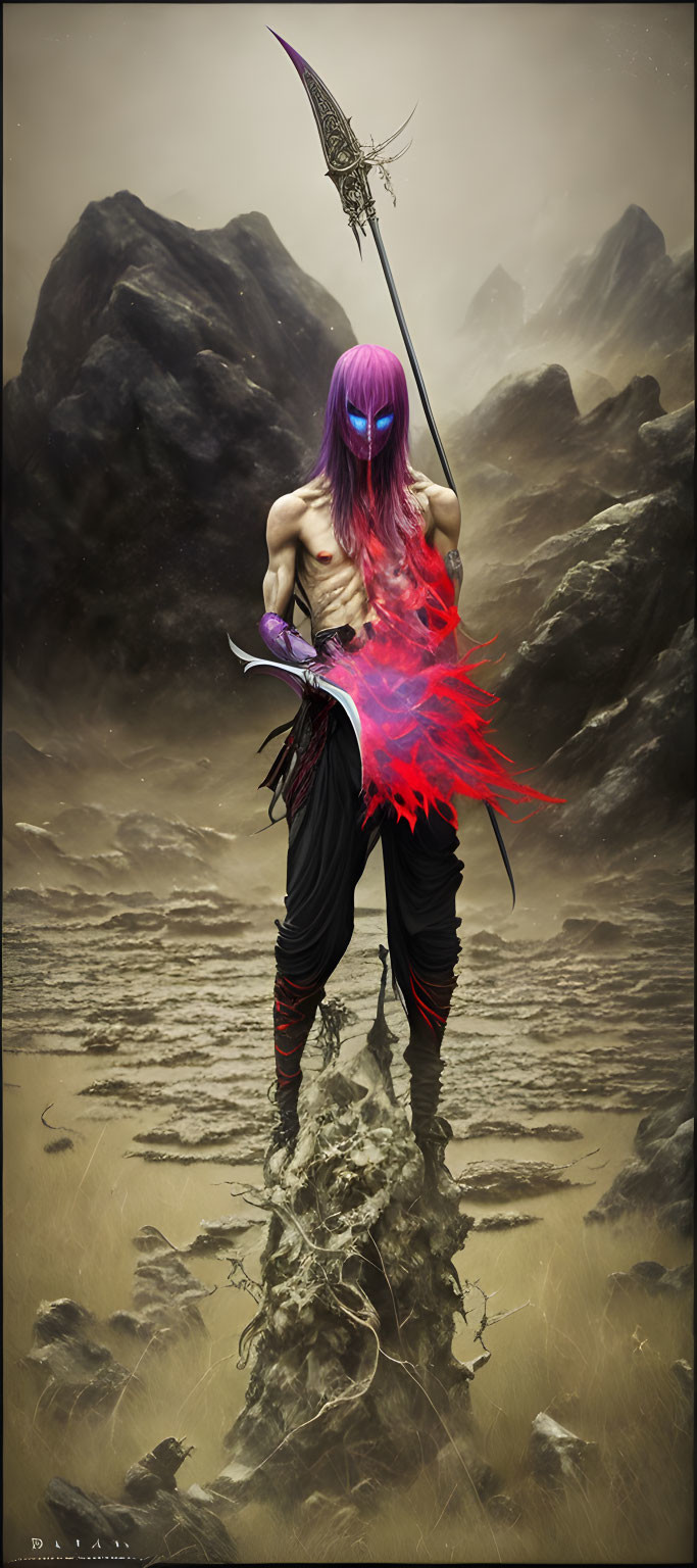 Fantasy figure with purple hair and glowing eyes holding a spear in rocky landscape with red magical energy.