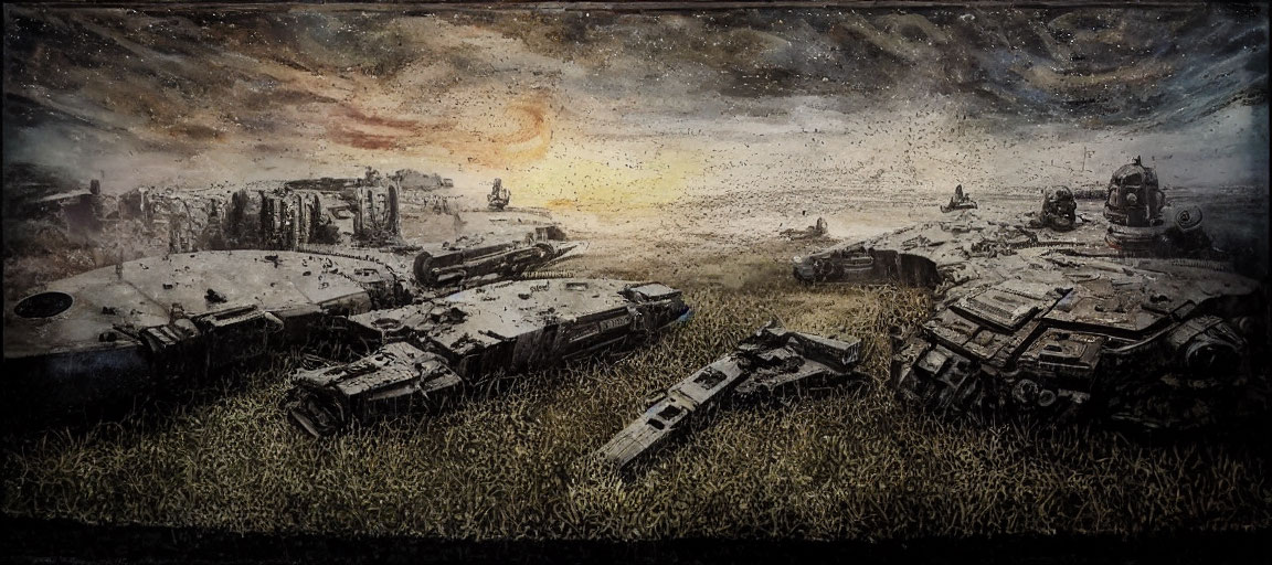 Derelict tanks and abandoned buildings in dystopian landscape