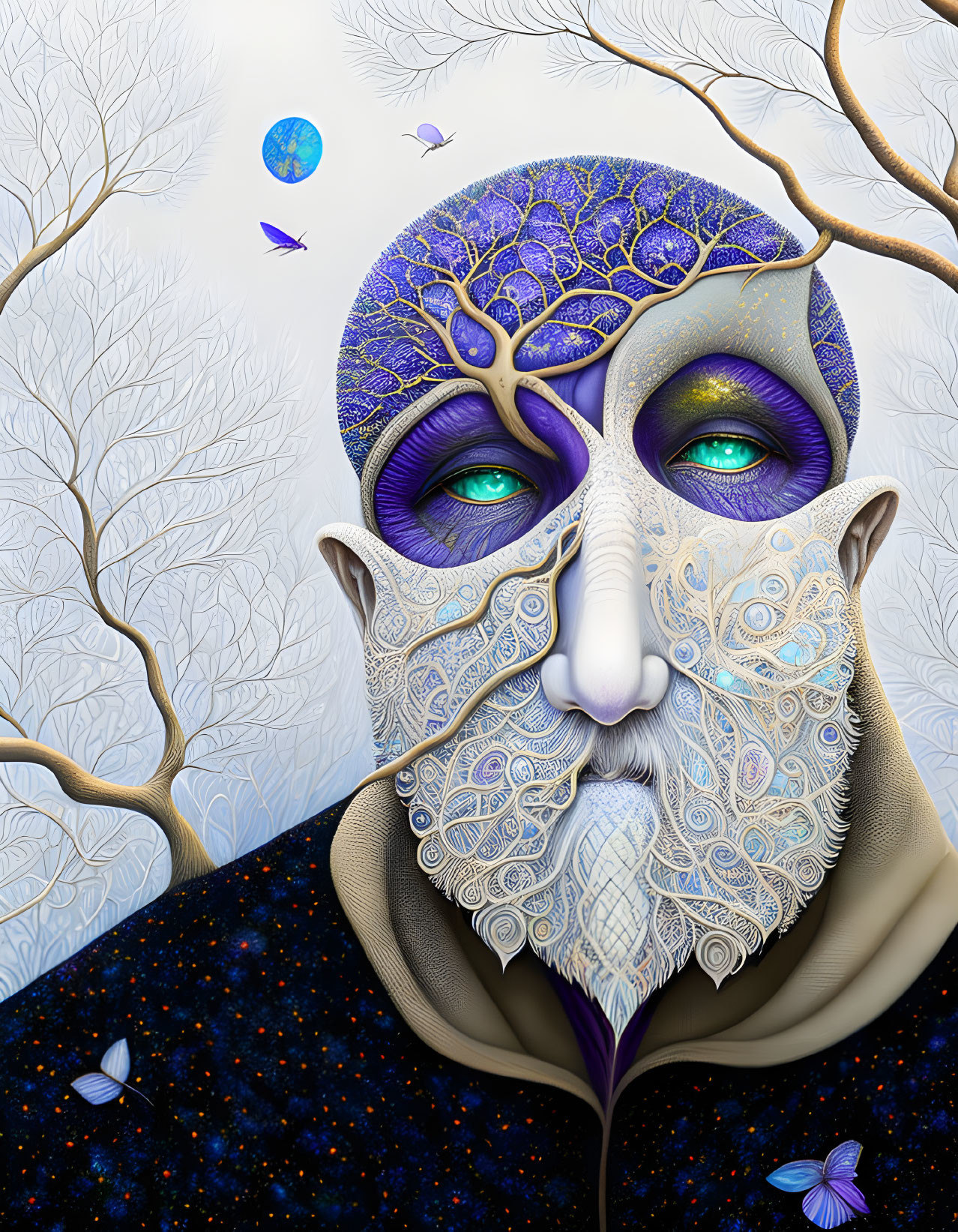 Surreal portrait with tree patterns, blue eyes, butterflies, starry backdrop