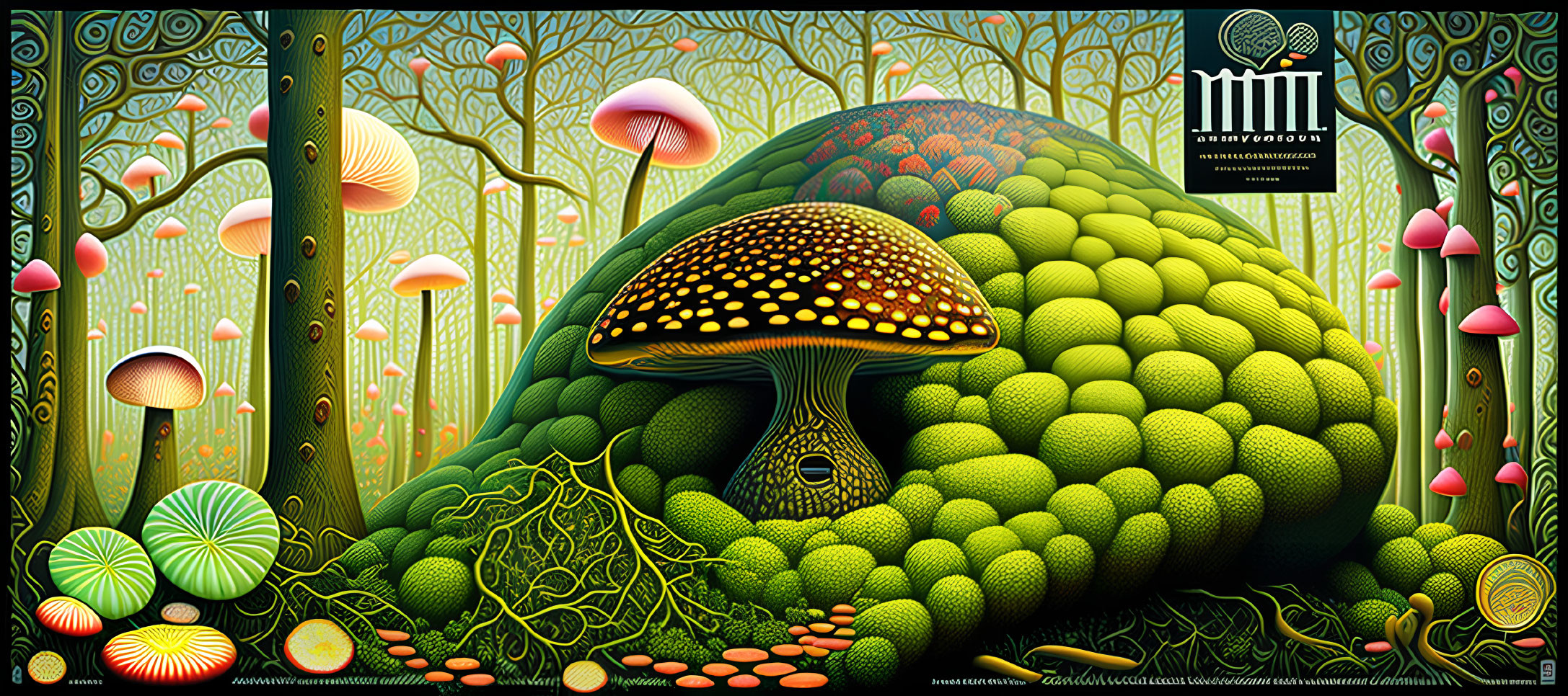 Colorful psychedelic mushroom landscape with intricate patterns and whimsical flora