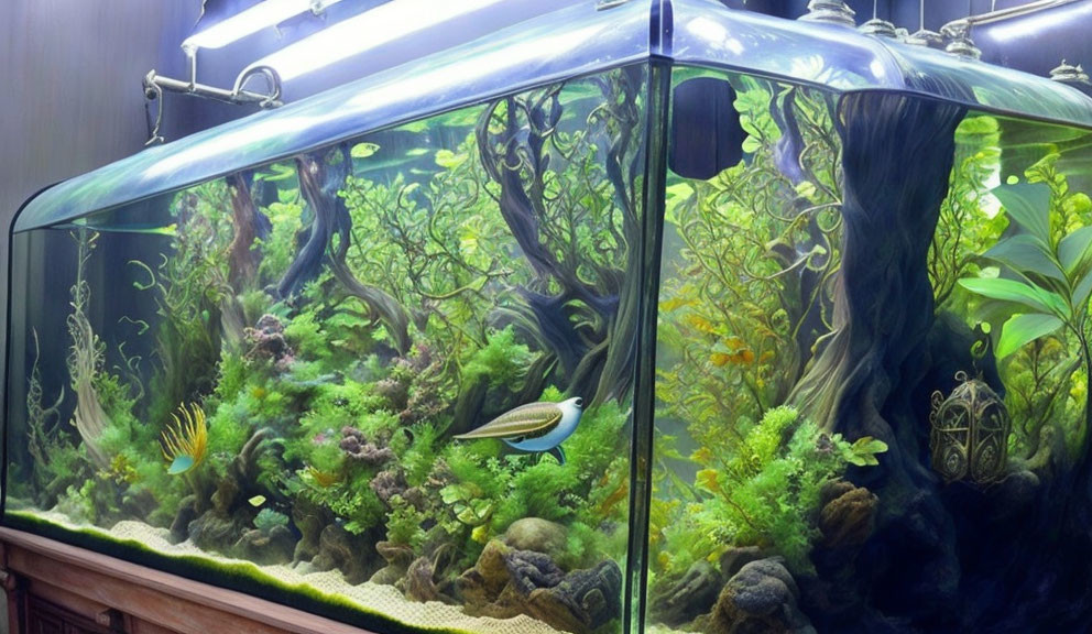 Vibrant Aquarium with Plants, Driftwood, and Colorful Fish