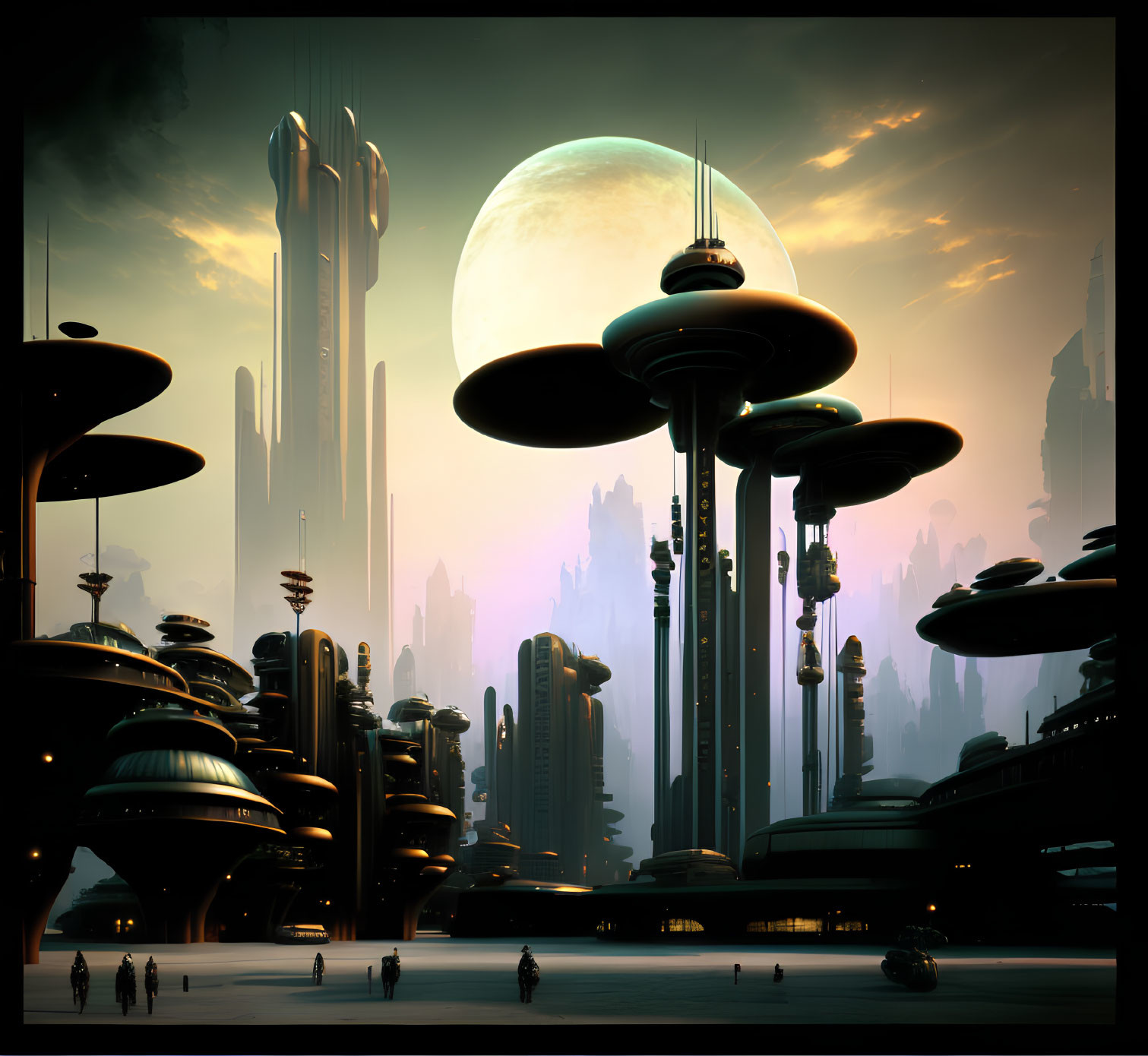 Futuristic cityscape with towering structures and flying vehicles at dusk